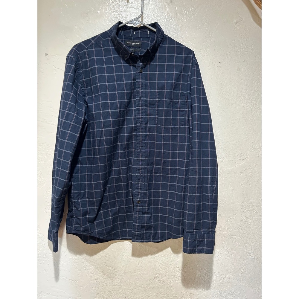 Banana Republic Mens Untucked Fit Navy Blue Grid Check Cotton Shirt Large L‎